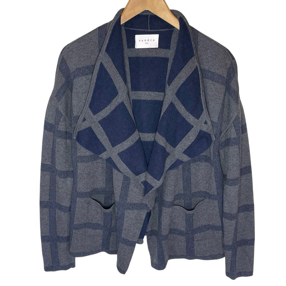 SANDRO Paris Women’s Gray and Blue Plaid Open Front Cardigan